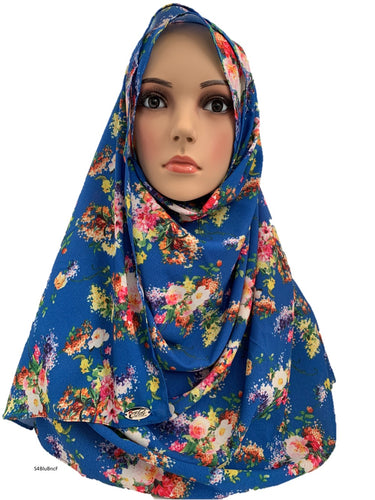 (S4BluBncF) Blue flowers printed full-instant hijab