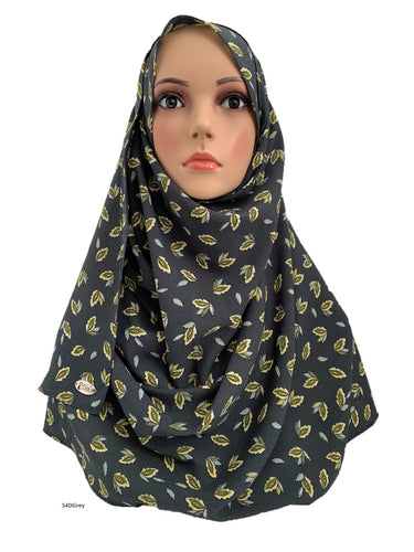 (S4DGrey) Grey green printed hijab full-instant hijab