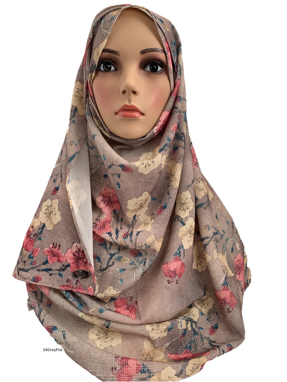(S4GreyPnk) Light grey pink printed full instant hijab