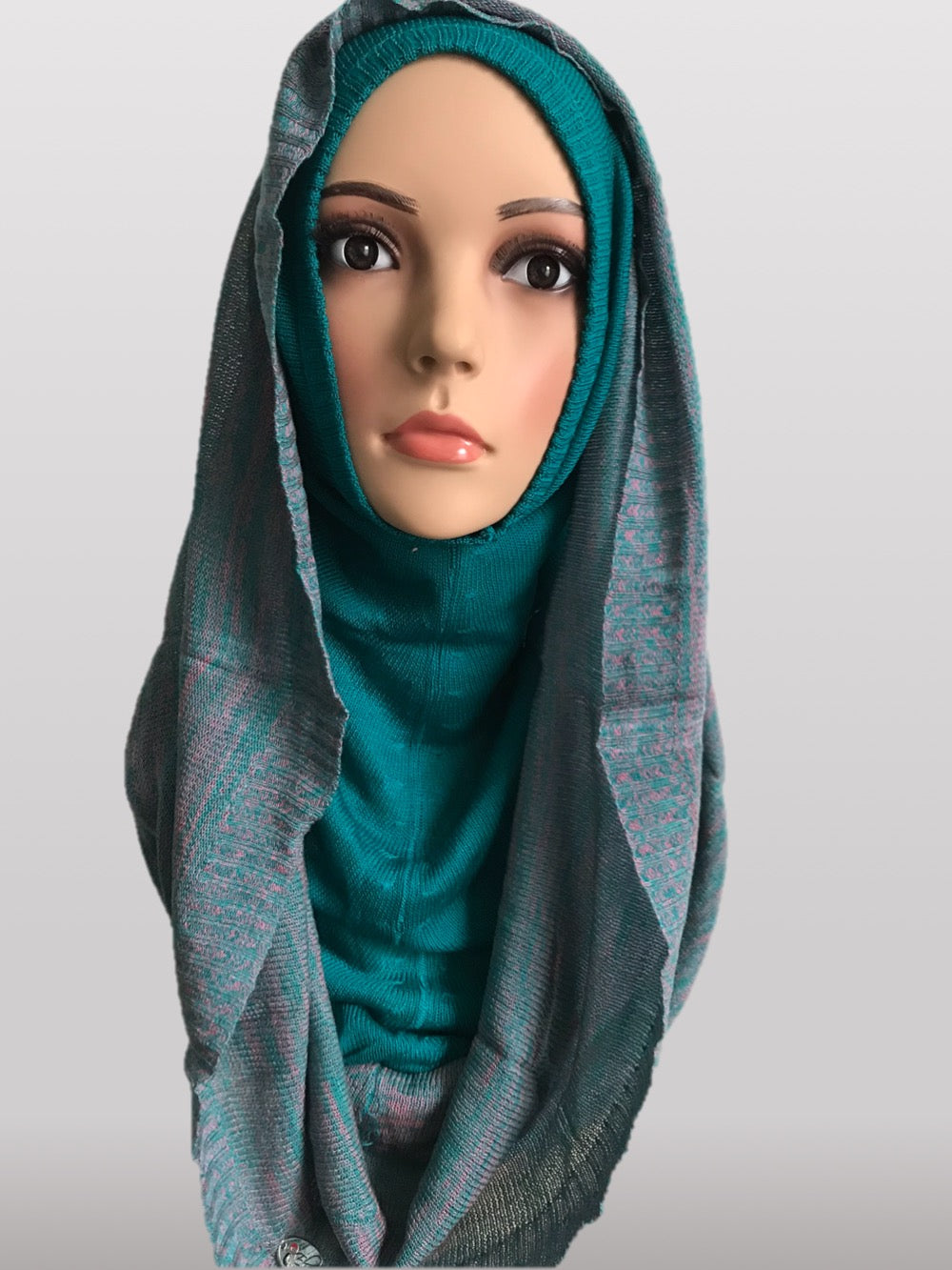 Hooded knitted Instant hijab green grey