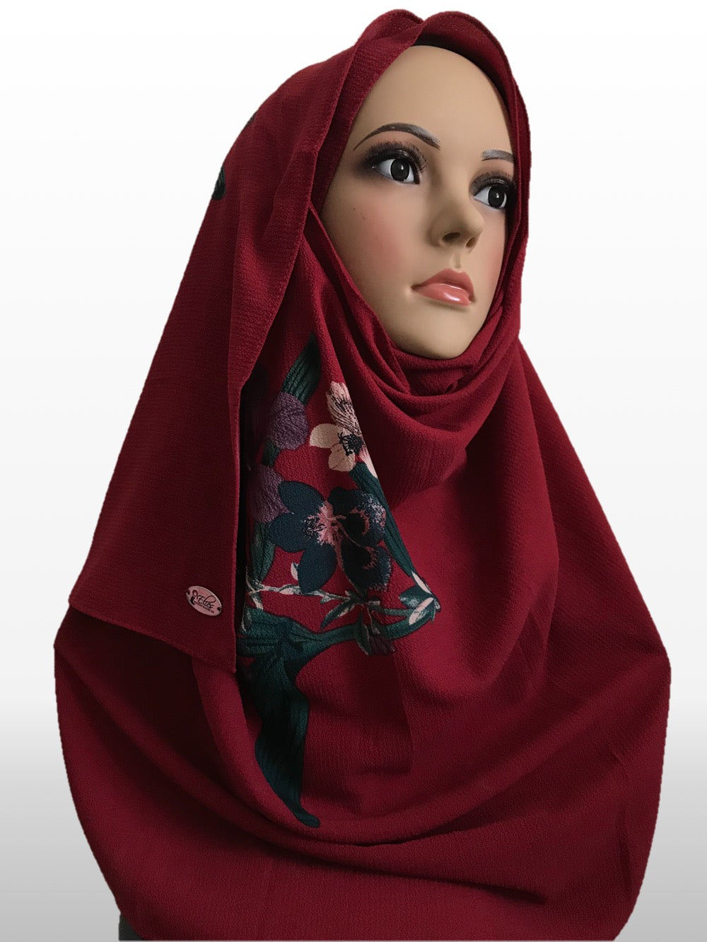 Big flower dark red instant hijab
