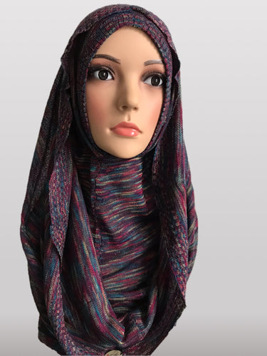 Hooded knitted instant hijab maroon lines