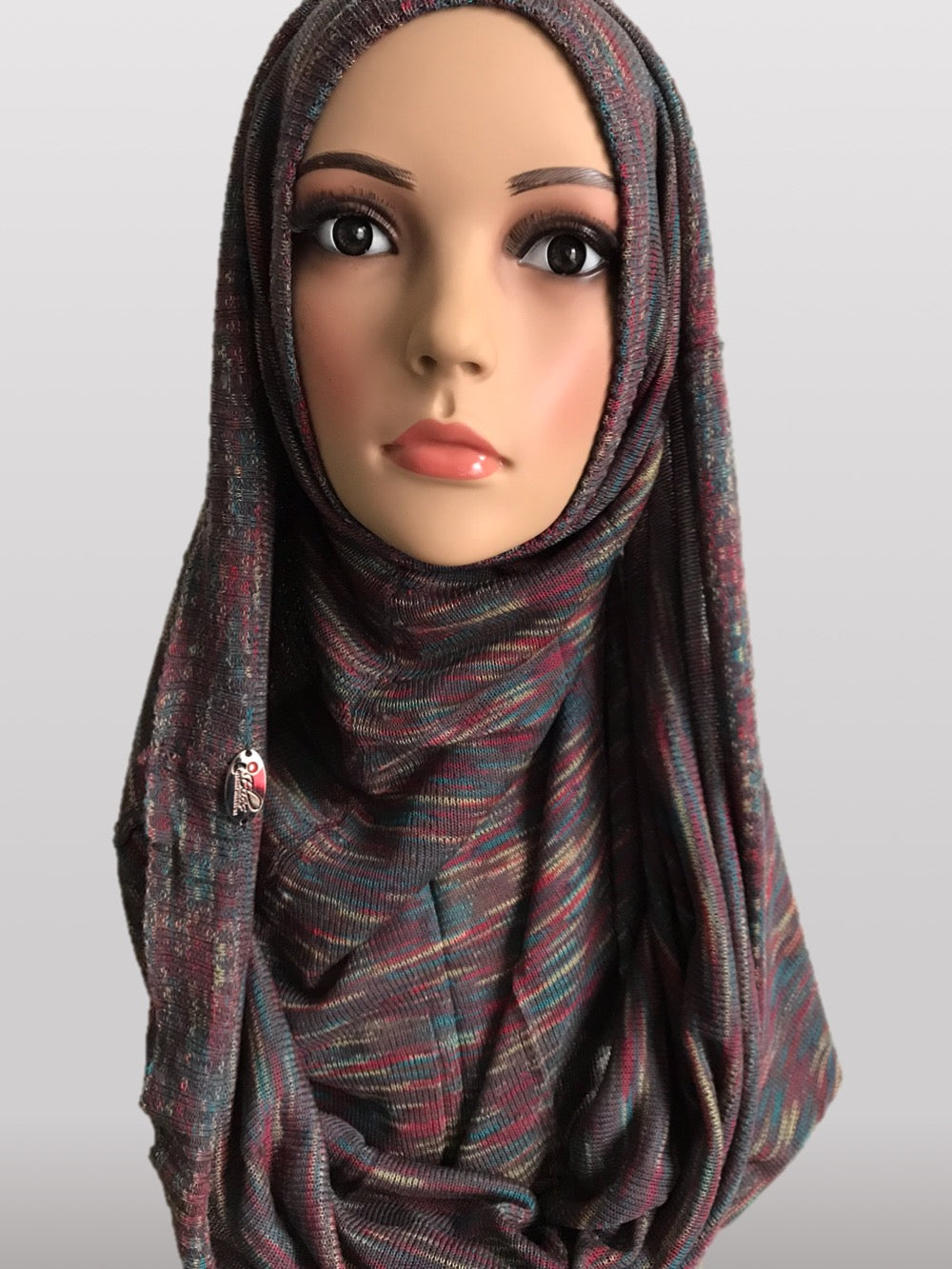 Hooded knitted instant hijab grey green lines