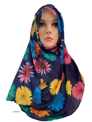 (S4MulBluBF) Blue multi flower printed full-instant hijab