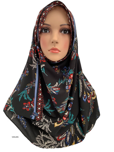 (S4MulBlk) Black multi-coloured printed full-instant hijab