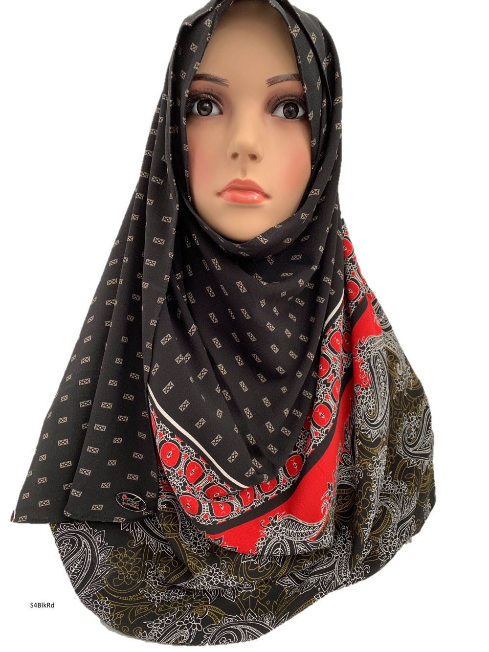 (S4BlkRd) Black red printed full-instant hijab